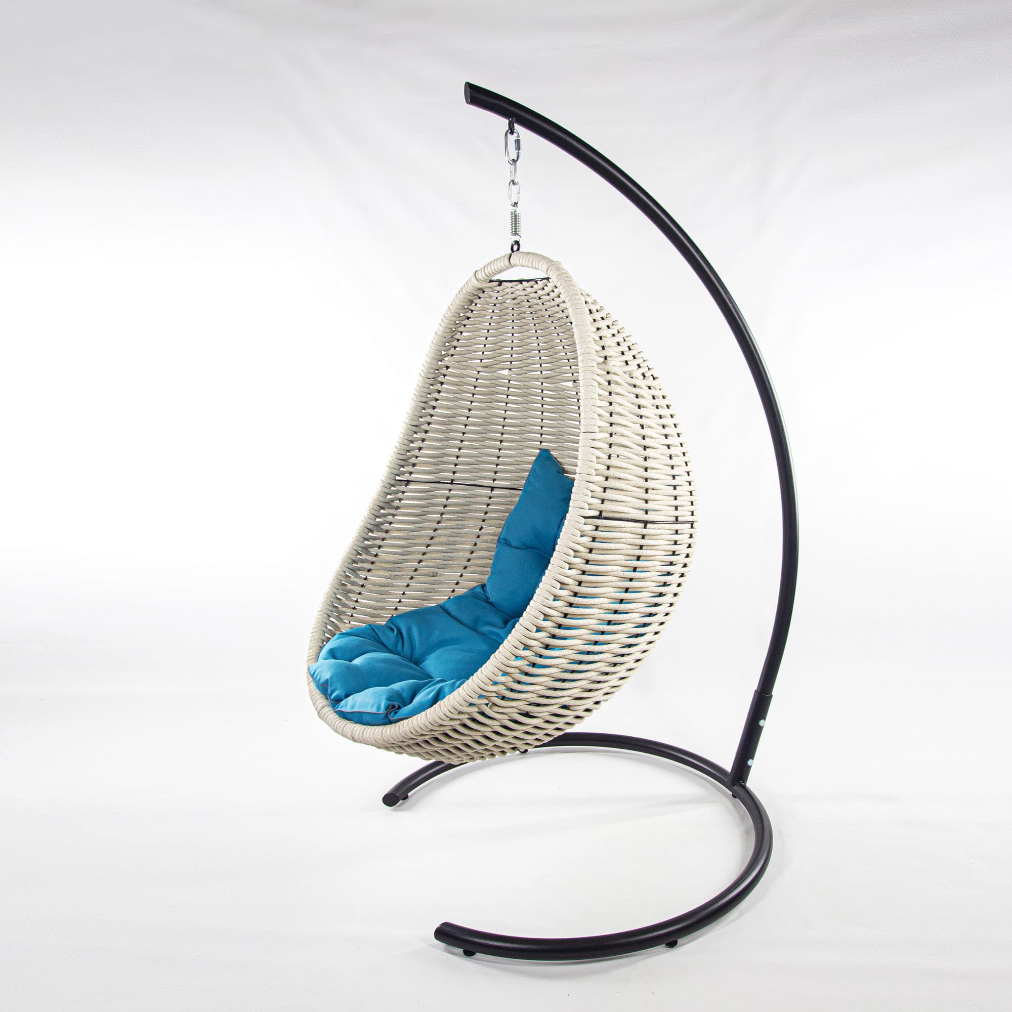 Мебель из ротанга плетеное подвесное кресло-кокон белый синяя подушка